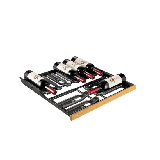 Horizontal display support for sliding shelves.