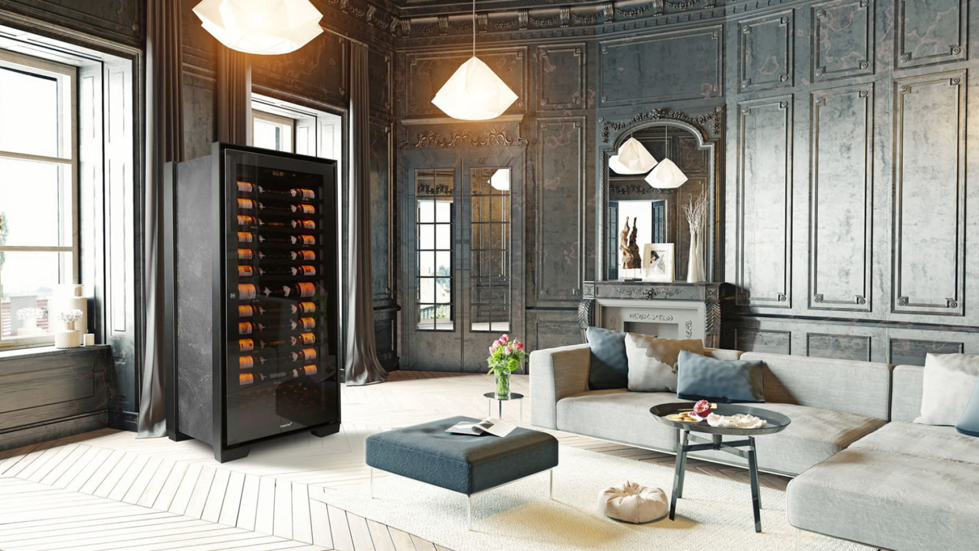 Photo of an upscale wine cabinet in a luxurious Hausmanian living room with an antique marble fireplace and herringbone parquet flooring. - EuroCave Royal Collection Photo of an upscale wine cabinet in a luxurious Hausmanian living room with an antique marble fireplace and herringbone parquet flooring. - EuroCave Royal Collection