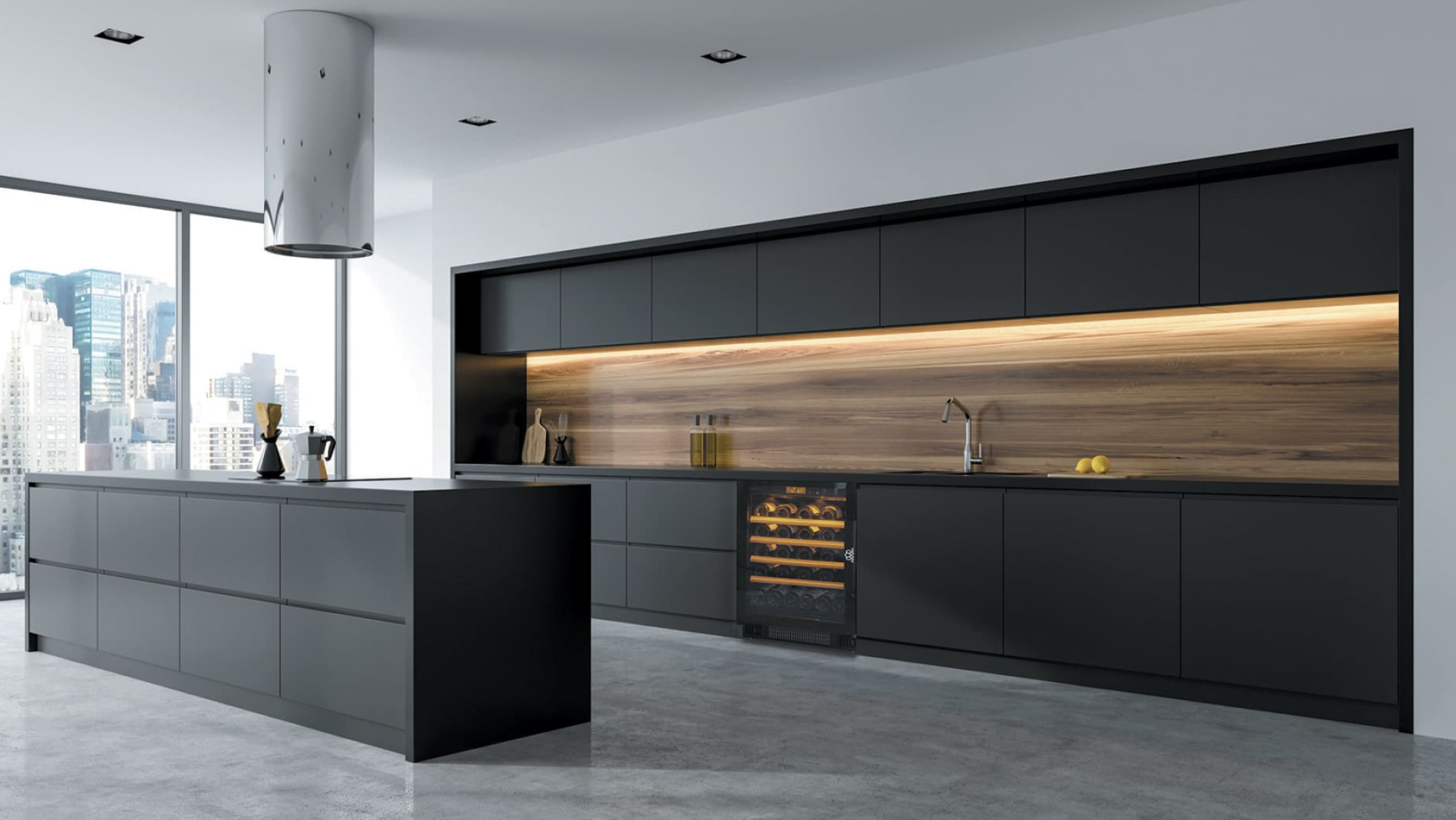 Interior decoration - Wine cellar built into a black fitted kitchen unit. Interior decoration - Wine cellar built into a black fitted kitchen unit.