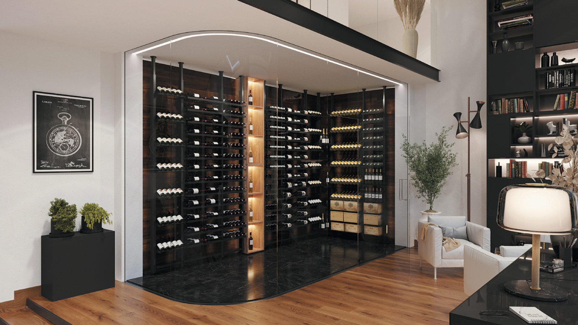 Luxurious air-conditioned wine cellar arranged in a living room to showcase your bottles. High quality wine storage in black metal for an industrial style. Luxurious air-conditioned wine cellar arranged in a living room to showcase your bottles. High quality wine storage in black metal for an industrial style.