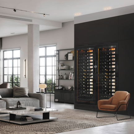 Large twin wine coolers integrated into a custom-made black cabinet in a contemporary living room with fronts of black shelves and integrated mood lighting. - EuroCave Revelation Large twin wine coolers integrated into a custom-made black cabinet in a contemporary living room with fronts of black shelves and integrated mood lighting. - EuroCave Revelation