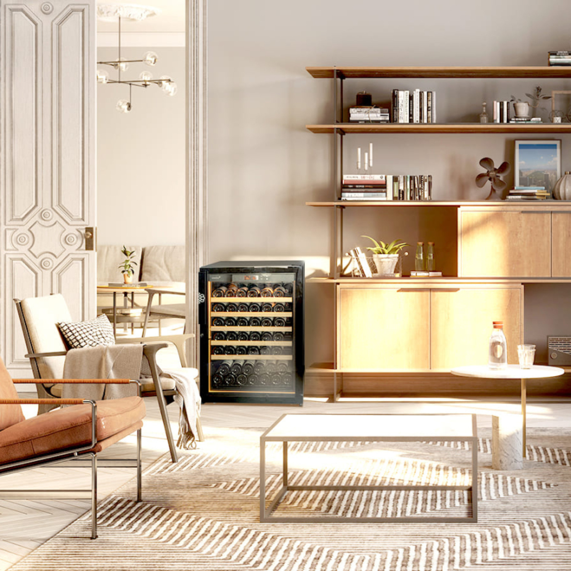 Small aging wine cellar in a living room with vintage decor and designer furniture: brown leather armchairs and retro bookcase. - EuroCave Revelation