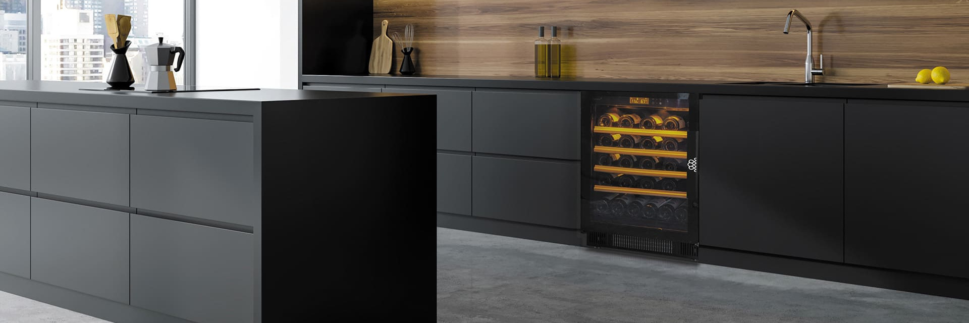 Appliances in apartment - Small wine fridge built into a contemporary kitchen with central island, to have your wine always at hand. Appliances in apartment - Small wine fridge built into a contemporary kitchen with central island, to have your wine always at hand.
