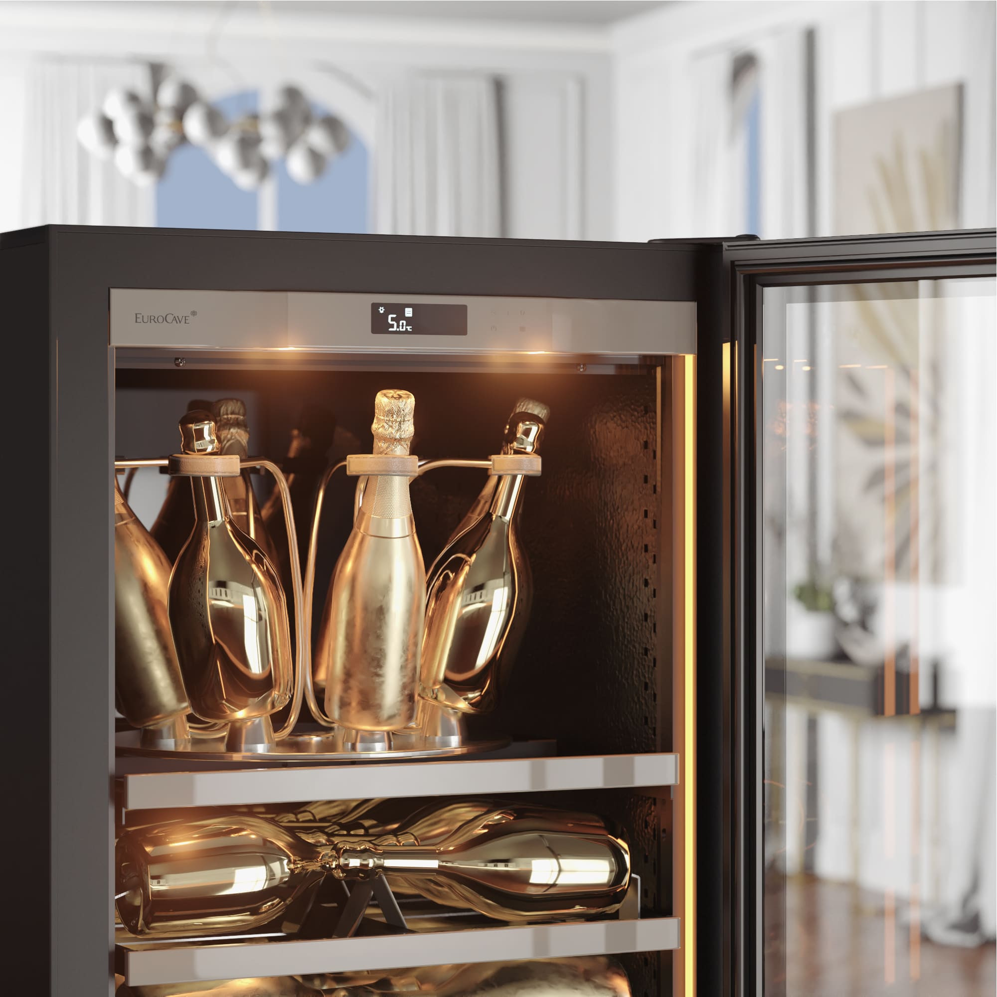 A champagne presentation shelf with a turntable based on the basin principle. - 8 bottles or 5 magnums A champagne presentation shelf with a turntable based on the basin principle. - 8 bottles or 5 magnums