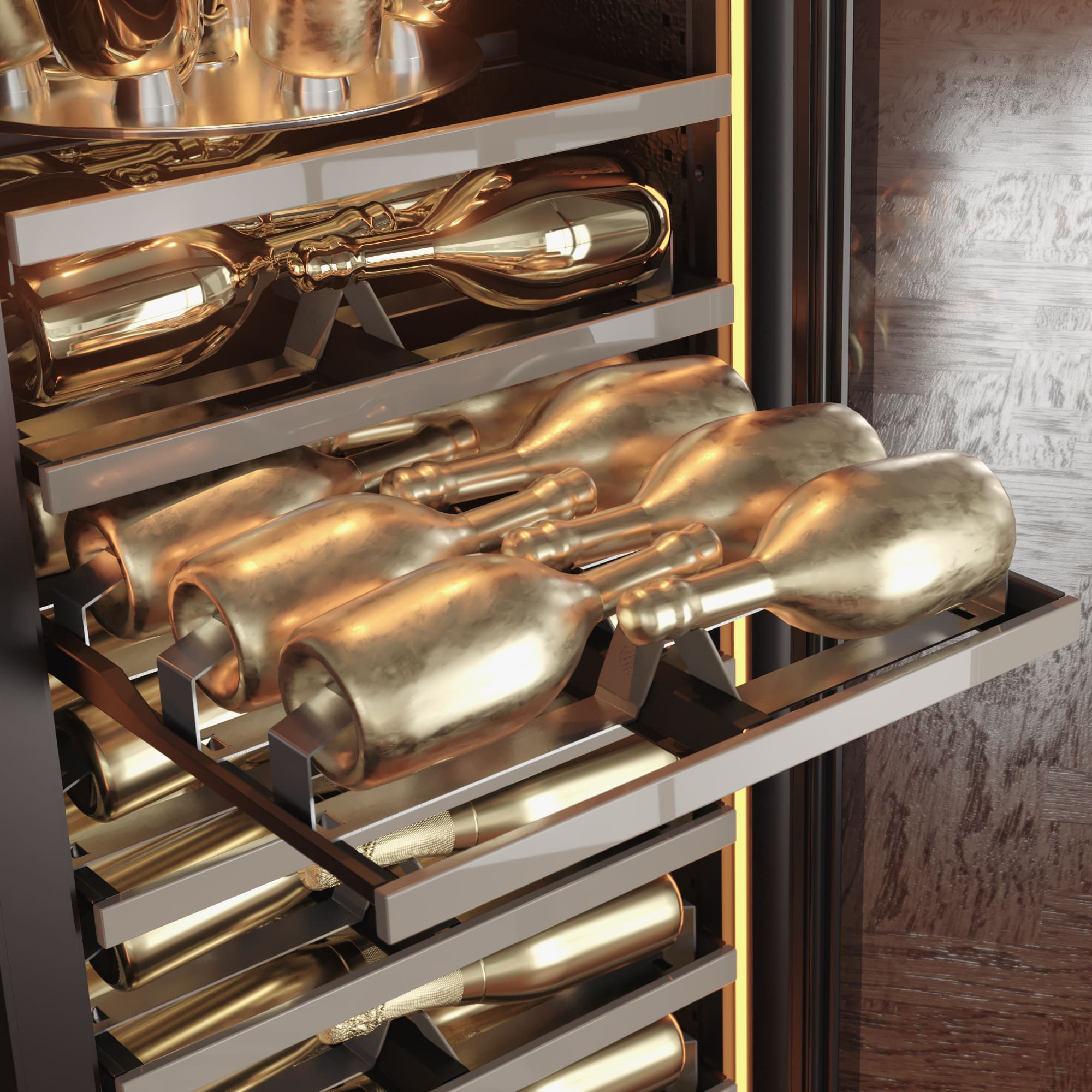 A shelf on slides with supports specially designed for holding champagne bottles. - eurocave champagne cooler