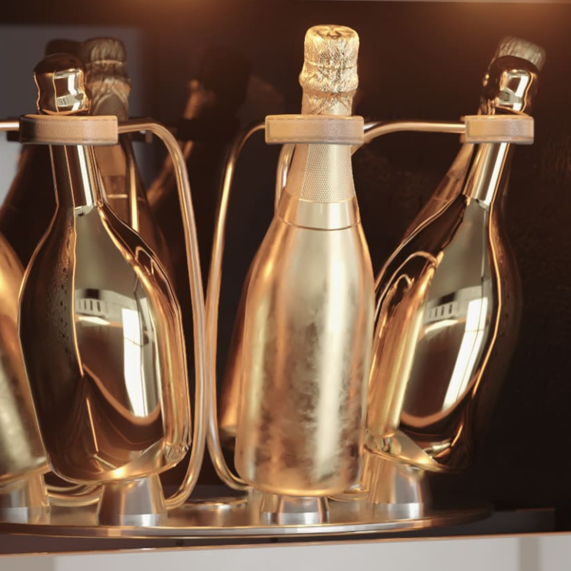 Elegant lines, luxurious finishes with its iridescent leather sheathing and a gold colored front, the ultimate sophistication of the EuroCave Champagne cabinet. Elegant lines, luxurious finishes with its iridescent leather sheathing and a gold colored front, the ultimate sophistication of the EuroCave Champagne cabinet.