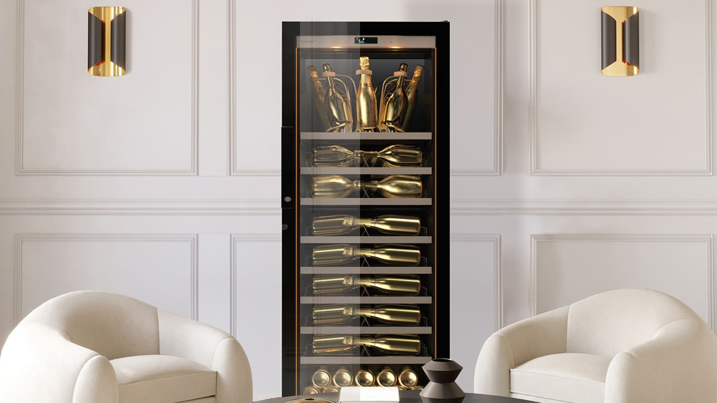 Photo of the eurocave champagne cellar in a black, white and gold decor. The class of black, the purity of white and the ostentatious luxury of gold.