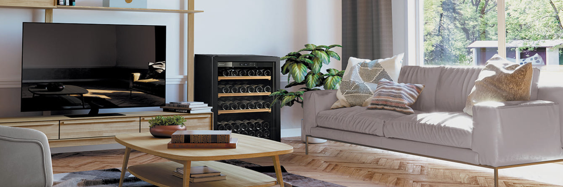 Small wine fridge good value for money, glass door, in a contemporary Scandinavian style living room with chevron parquet – Wine cabinet La Première EuroCave Small wine fridge good value for money, glass door, in a contemporary Scandinavian style living room with chevron parquet – Wine cabinet La Première EuroCave