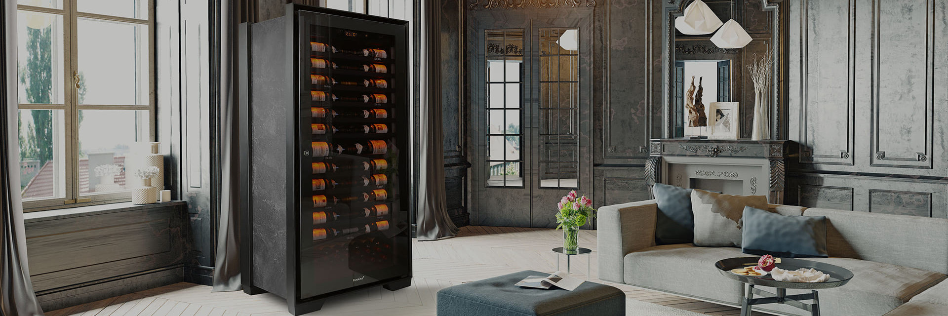Prestigious aging wine cabinet in French style living room in Paris with marble fireplace - Royale EuroCave Prestigious aging wine cabinet in French style living room in Paris with marble fireplace - Royale EuroCave