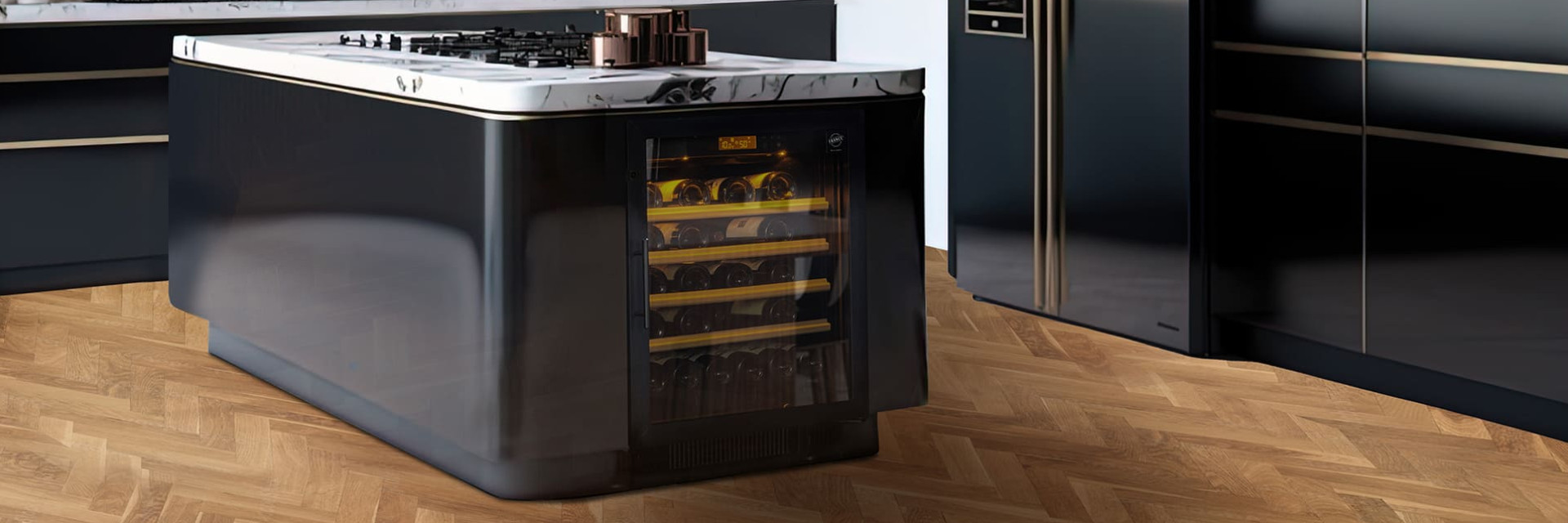 A built-in wine cooler under the worktop of a contemporary black kitchen in an apartment like a mini fridge. Compact EuroCave