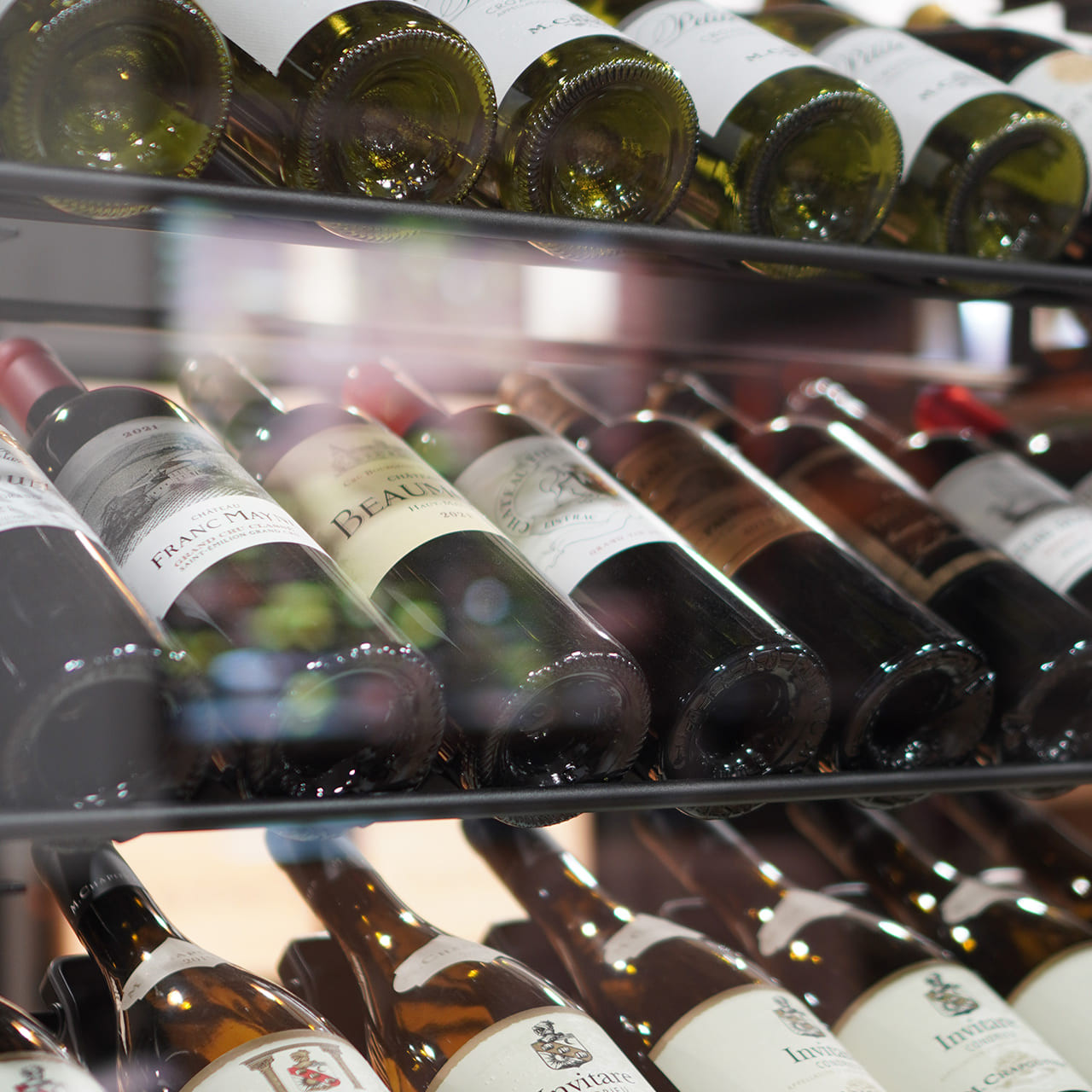 Solid metal wine cellar shelf with large capacity for storage and bottle storage.