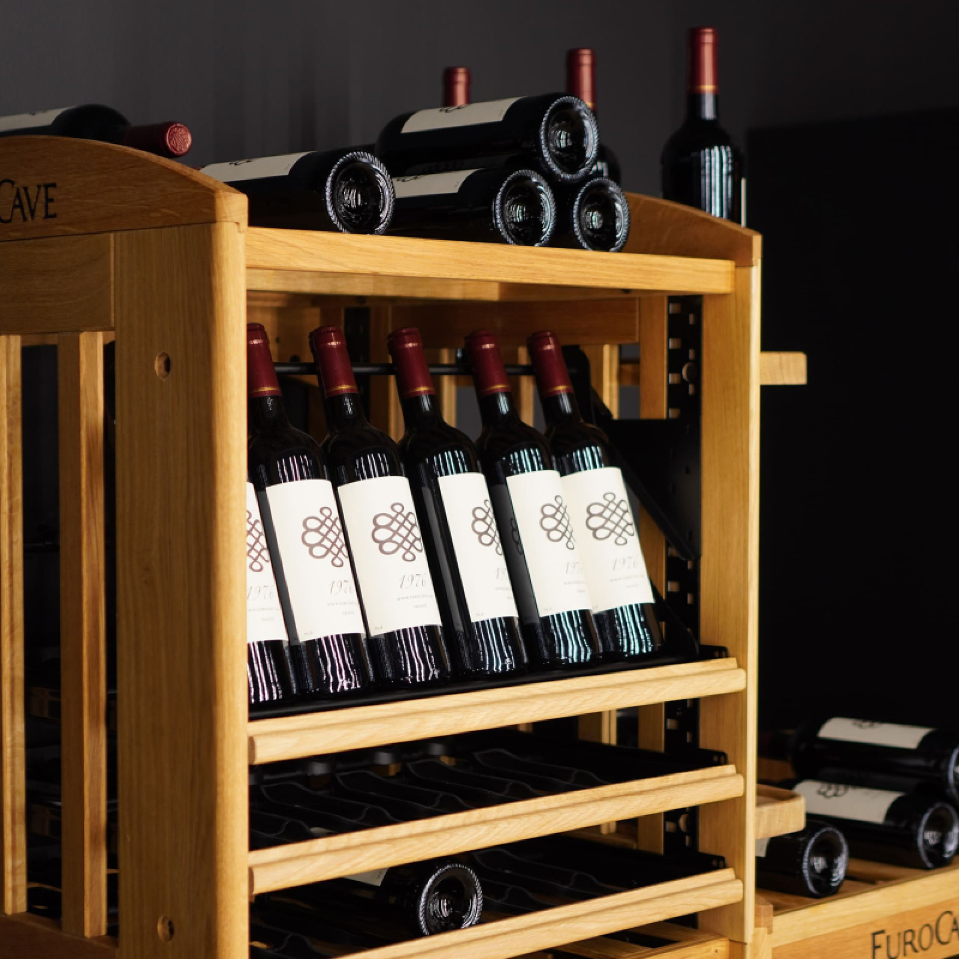 Articulated display mounted on a sliding shelf to clearly see your bottles and showcase them.