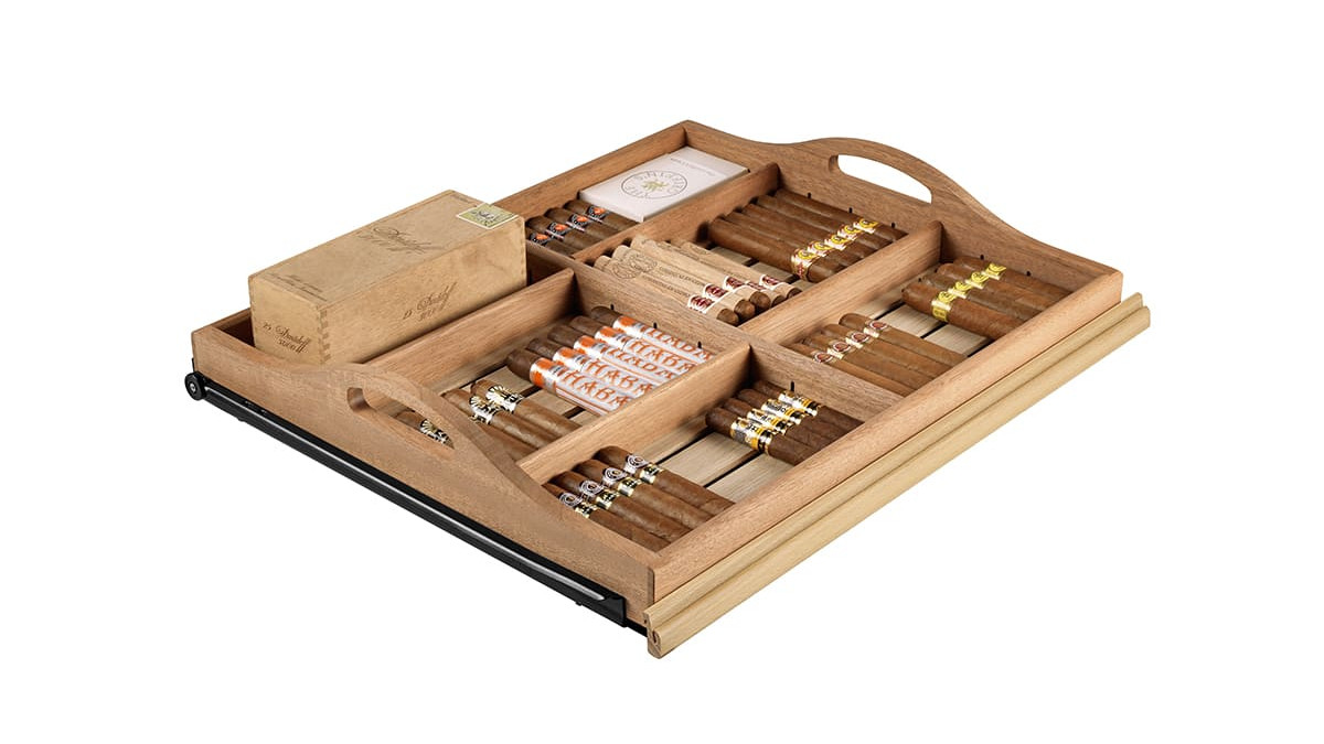 Sliding shelf for displaying individual cigars with removable tray