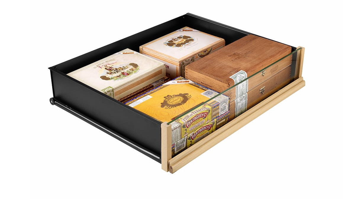 Sliding storage shelf for cigar boxes.