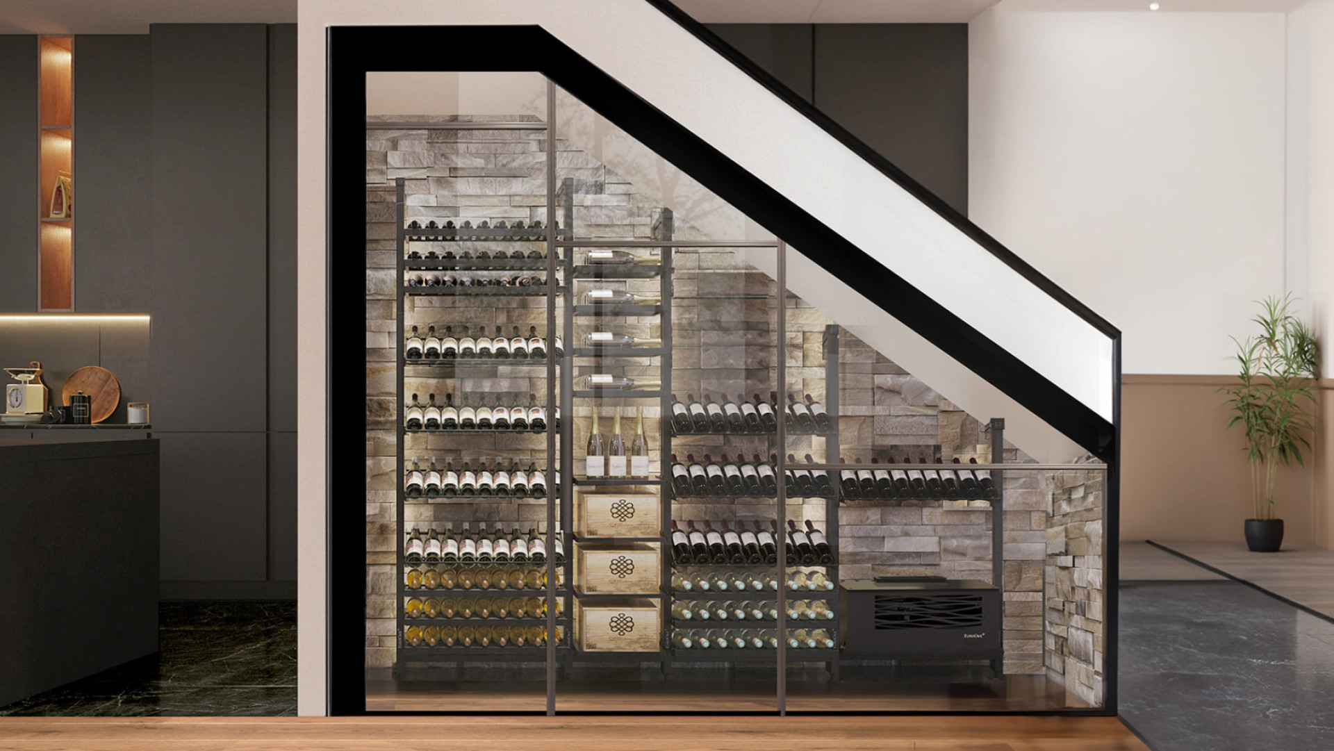 The good idea: create an air-conditioned wine space under the stairs in a custom-made piece of furniture. Space saving and high-end interior decoration. The good idea: create an air-conditioned wine space under the stairs in a custom-made piece of furniture. Space saving and high-end interior decoration.