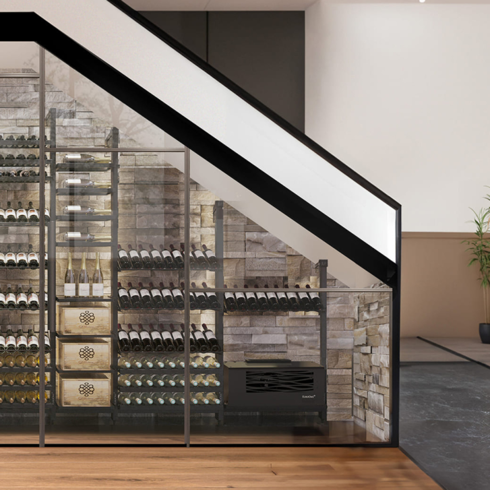 Split water wine cellar air conditioners with chilled water circuit for small volumes from 2m3: display cases, space under stairs, custom furniture. Small footprint. Choice of ventilation direction. Optional humidifier kit. Remote control by remote control.