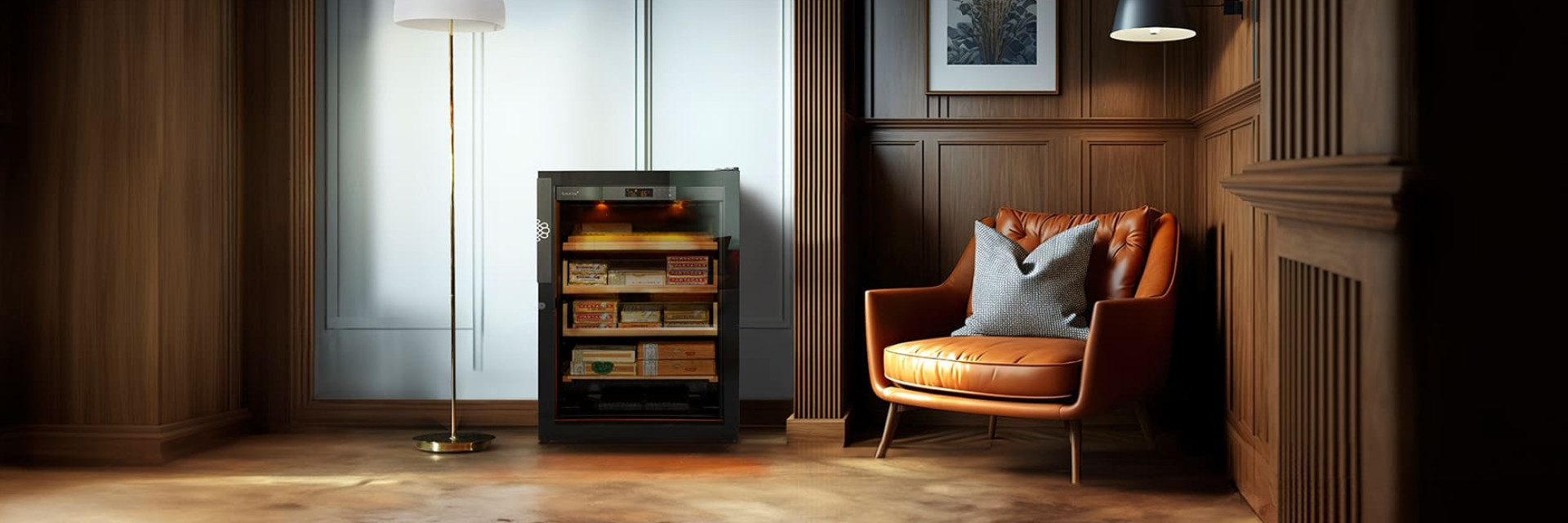 Electric cigar humidor with integrated hygrometer and humidifier to install in a living room or in the cozy, cozy and intimate atmosphere of a boudoir. Club chair. Electric cigar humidor with integrated hygrometer and humidifier to install in a living room or in the cozy, cozy and intimate atmosphere of a boudoir. Club chair.