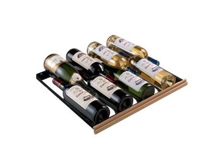 8-bottle sliding shelf with repositionable individual support for storing all shapes and sizes of bottles. 8-bottle sliding shelf with repositionable individual support for storing all shapes and sizes of bottles.