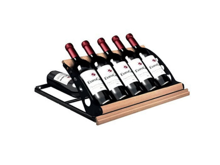 Sliding shelf for displaying wine bottles at the front and storage at the back. Sliding shelf for displaying wine bottles at the front and storage at the back.