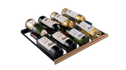 8-bottle sliding shelf with repositionable individual support for storing all shapes and sizes of bottles. 8-bottle sliding shelf with repositionable individual support for storing all shapes and sizes of bottles.