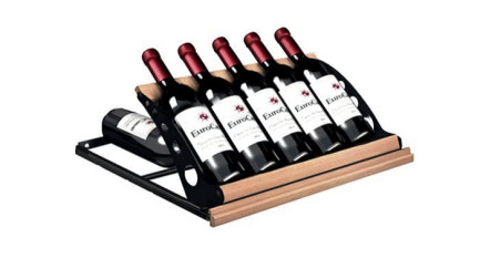 Sliding shelf for displaying wine bottles at the front and storage at the back. Sliding shelf for displaying wine bottles at the front and storage at the back.