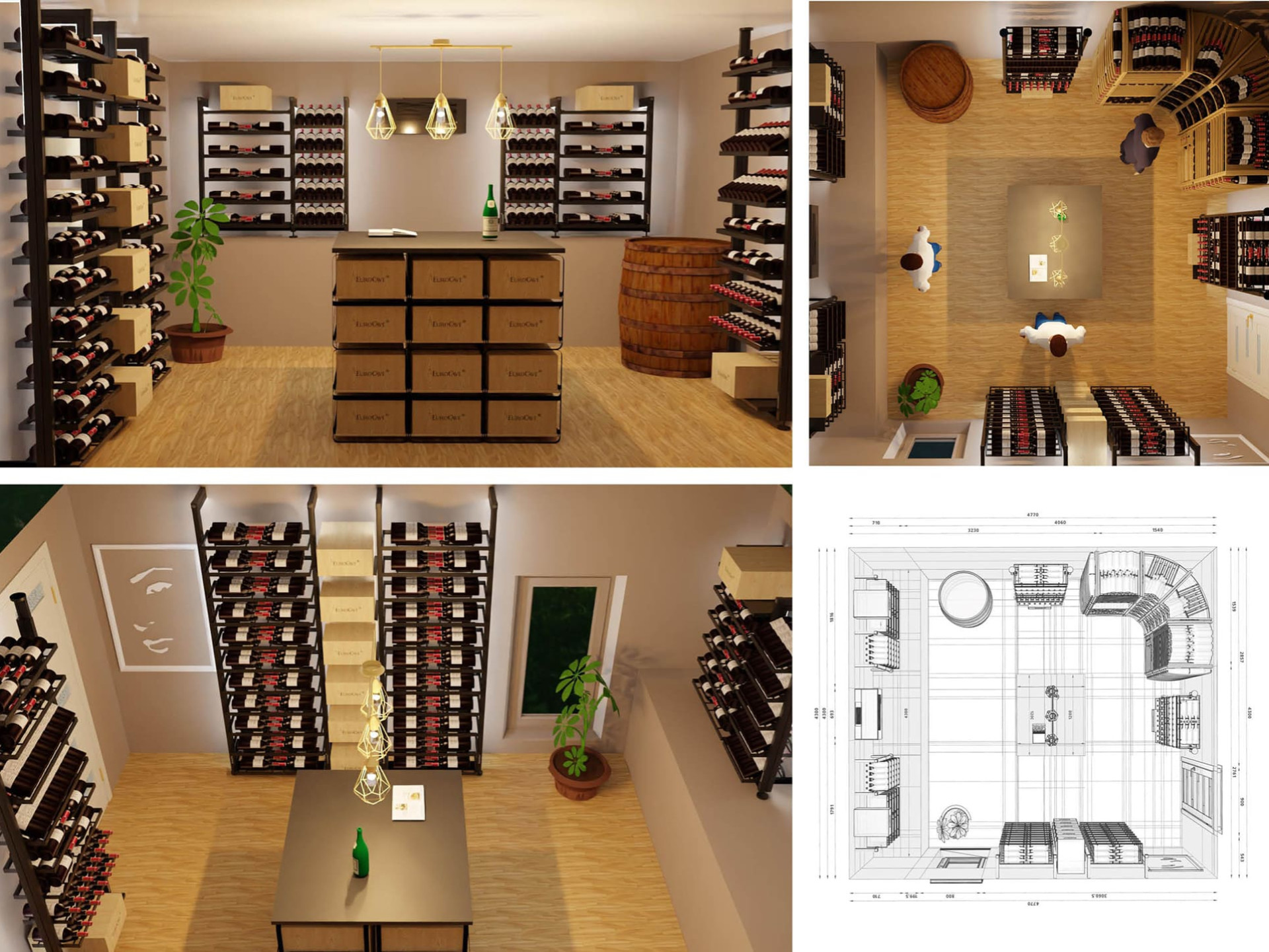 3D design with realistic rendering of a tailor-made wine cellar project and configuration of wine storage unit options. Cellar design.