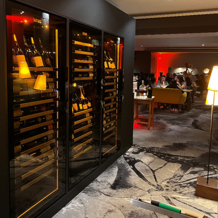 Creation of a wine wall with 3 built-in wine fridges, glass door and integrated lighting, to highlight the wine offer - Restaurant decoration - EuroCave Annecy project - Revelation range