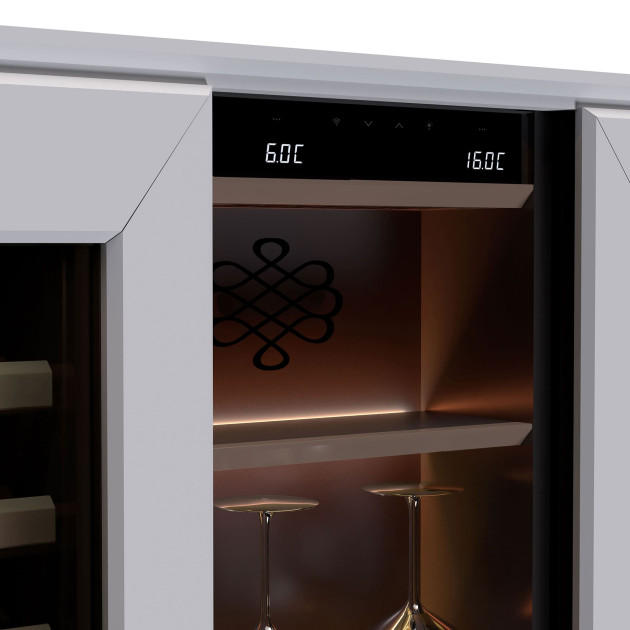 Harmonie wine cellar - smoke brown lacquered niche combined with white matt lacquered credenzas surround
