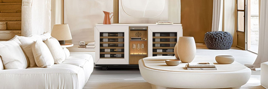 Wine furniture sideboard with 2 integrated refrigerated wine cellar compartments so that wine at tasting temperature is always close at hand.