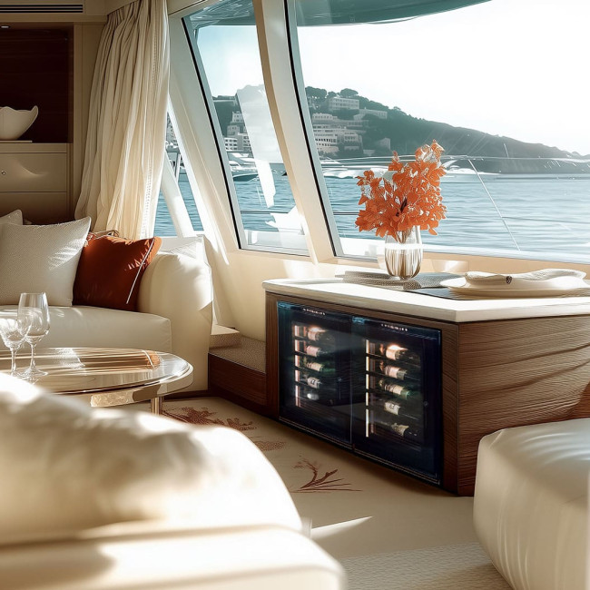 EuroCave double wine fridge built into a cabinet aboard a luxury yacht, elegant design and optimal wine preservation. EuroCave double wine fridge built into a cabinet aboard a luxury yacht, elegant design and optimal wine preservation.