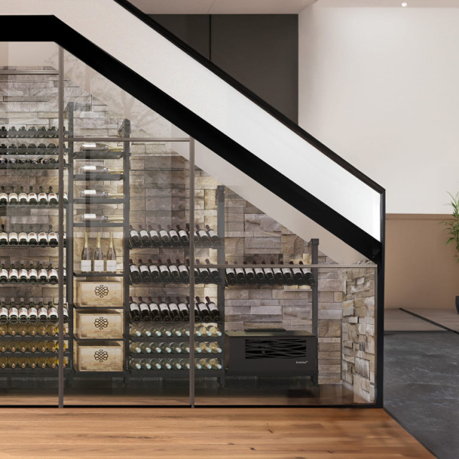 Wine cellar air conditioner for custom installations in small spaces under stairs or in glass wall cabinets. Premium interior design. Wine cellar air conditioner for custom installations in small spaces under stairs or in glass wall cabinets. Premium interior design.