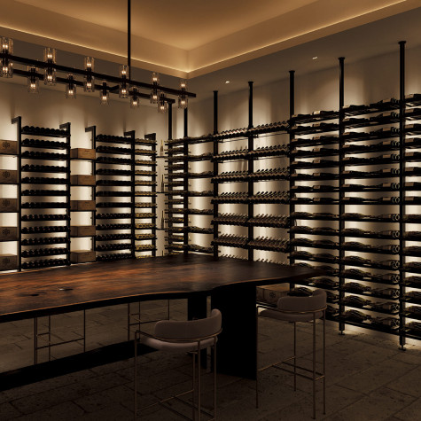 Wine tasting area created with Modulo-X suspended metal wine racks.
