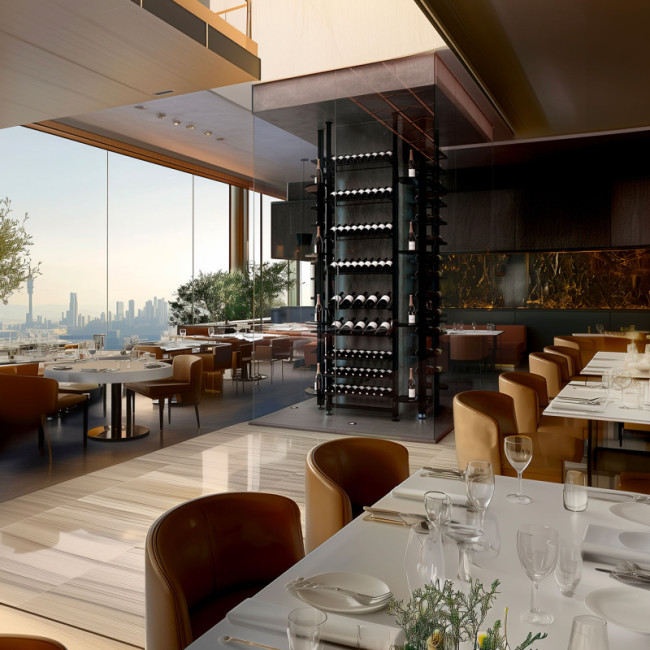 Interior architecture - Design of wine showcase. Photo: wine storage units installed around a pillar in the center of the restaurant dining room. Interior architecture - Design of wine showcase. Photo: wine storage units installed around a pillar in the center of the restaurant dining room.