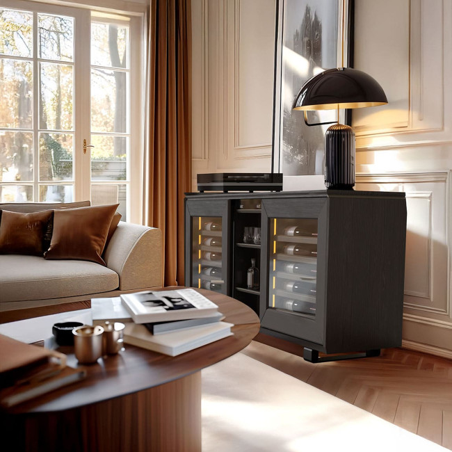 Harmonie wine cabinet - Smoked brown credenza with 2 refrigerated compartments for bringing wine to the ideal drinking temperature