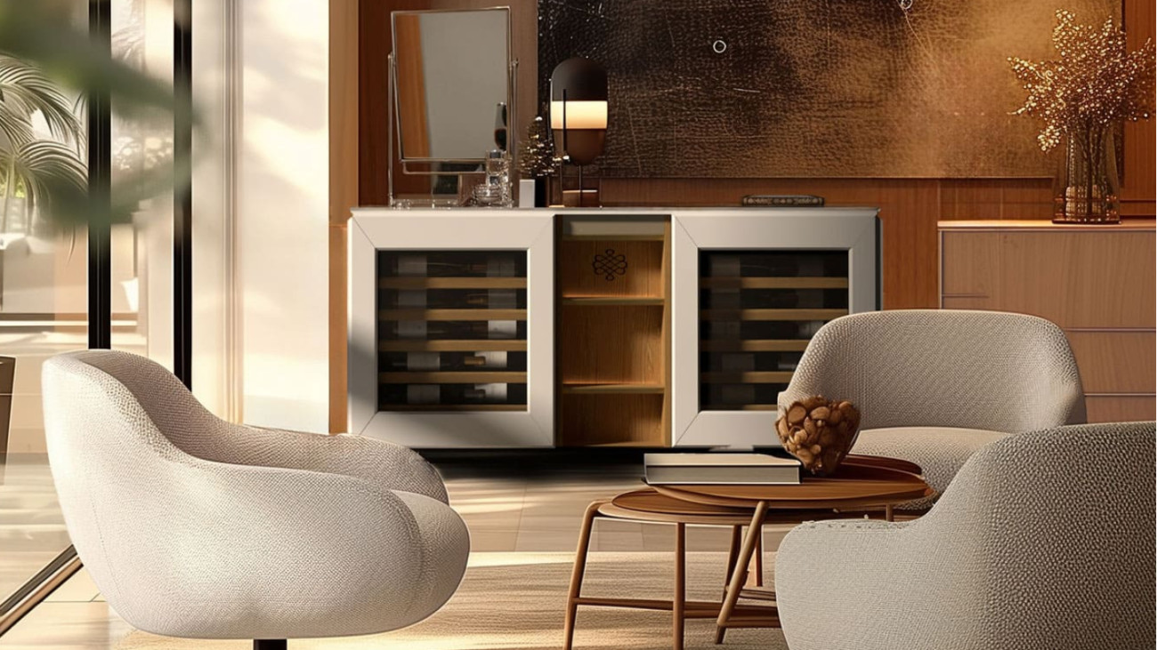 EuroCave horizontal wine cabinet, wine buffet style, integrated into a living room with warm interior decor