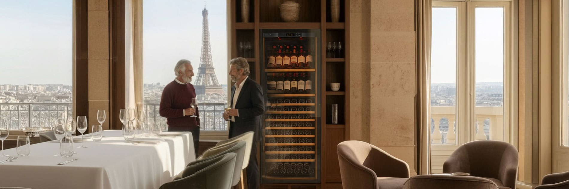 EuroCave built-in wine cellar in a gourmet restaurant with a view of the Eiffel Tower