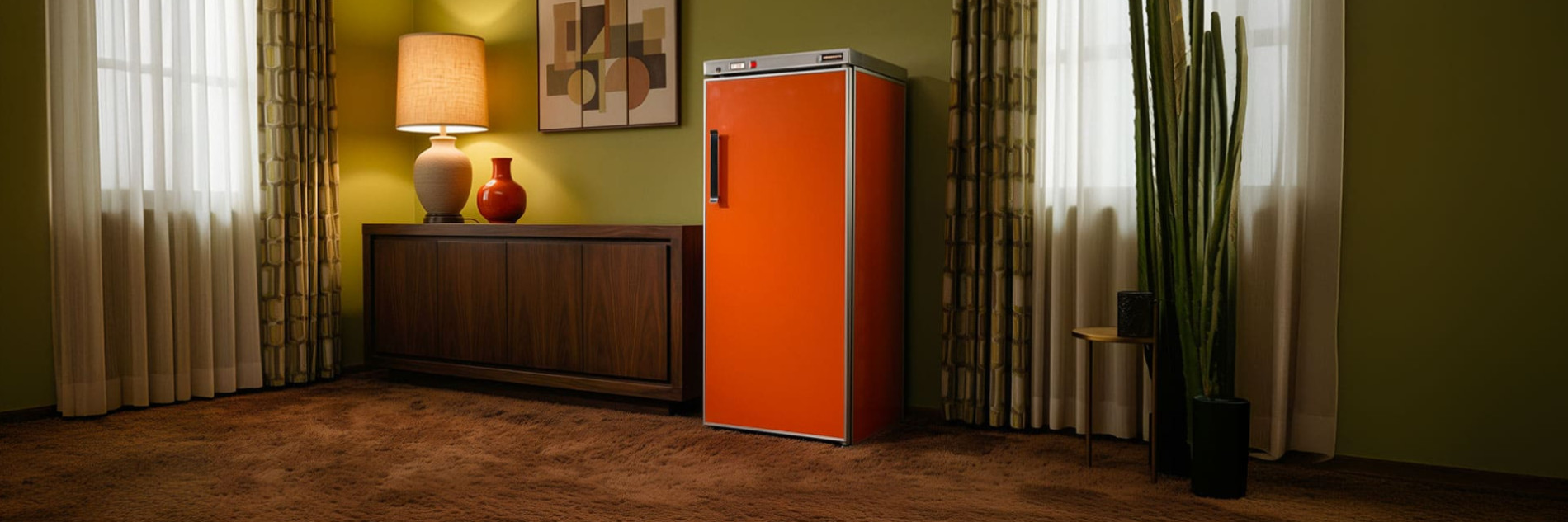 First historic wine fridge with vintage orange interior from a pioneering brand