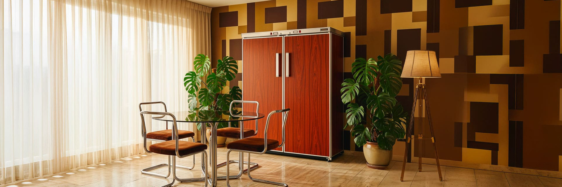 Vintage wood interior of the first wine fridge model