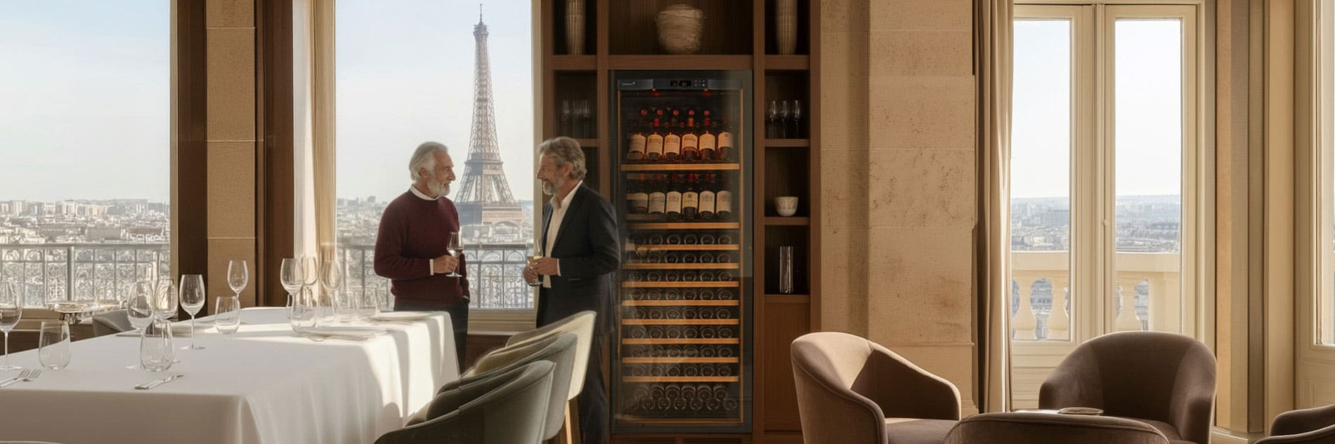 Built in wine fridge in a gourmet restaurant with a view of the Eiffel Tower