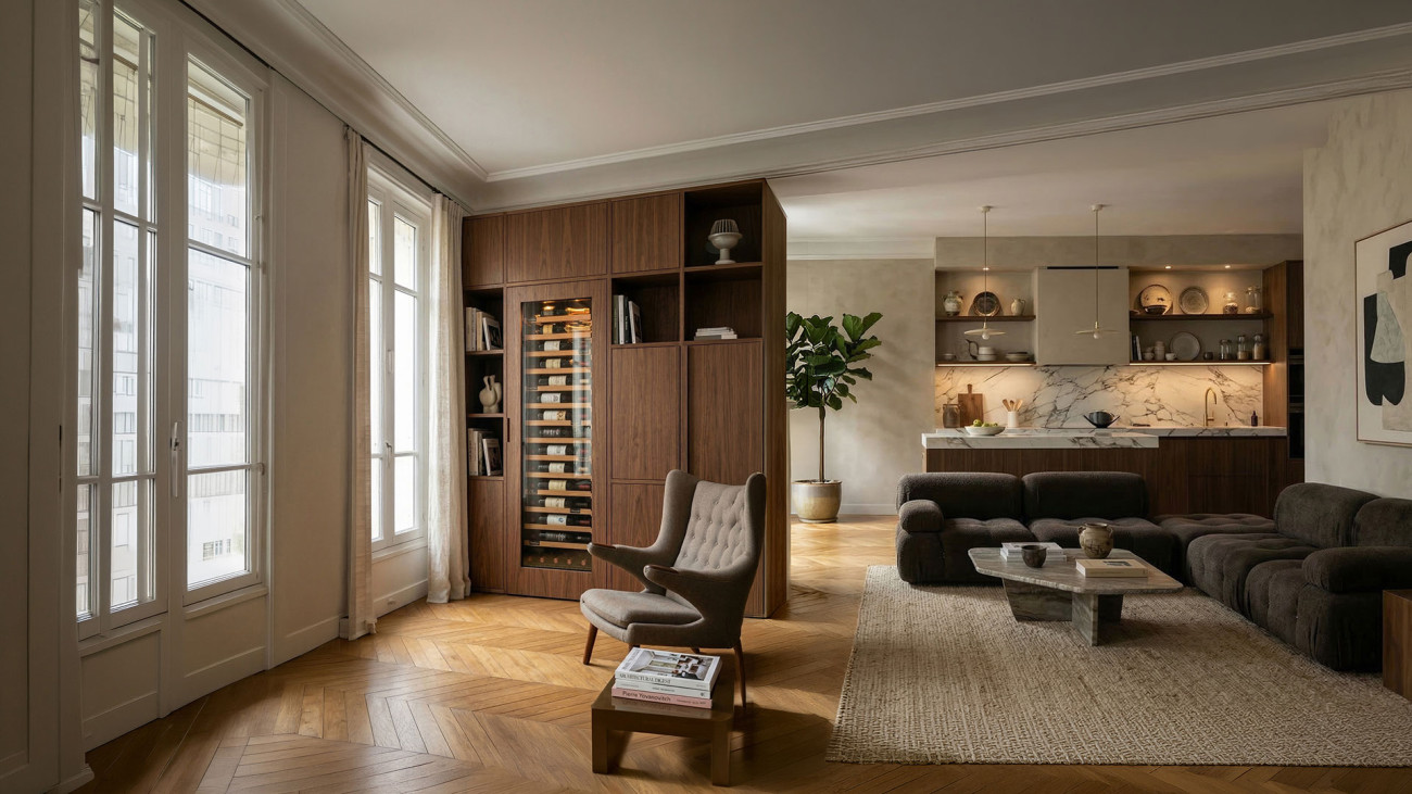 Large fully built-in wine cabinet in a Haussmann-style living room with walnut finish, Inspiration Collection EuroCave.