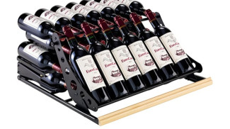 Presentation kit for displaying bottles at an angle and storing bottles at the back