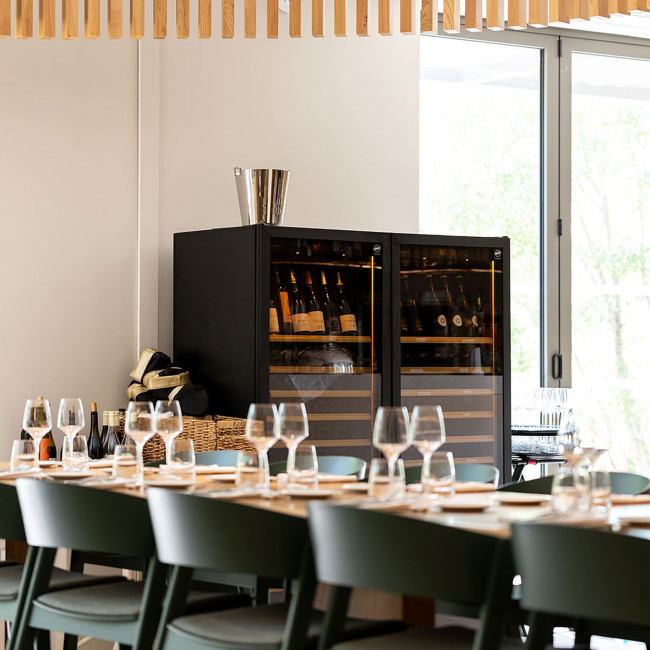 Two wine fridges from the Pure collection for serving wine in the dining room at the Massane Horizon Resort restaurant in Montpellier, France.