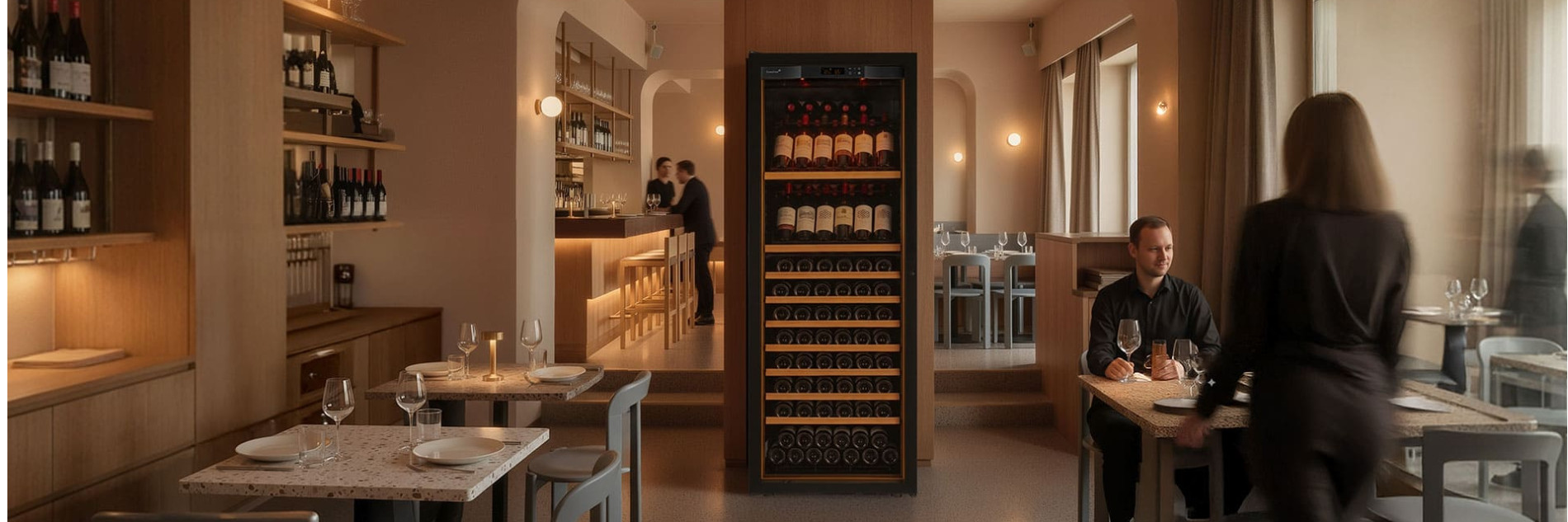 EuroCave Pure range service wine cooler installed in a restaurant dining room.