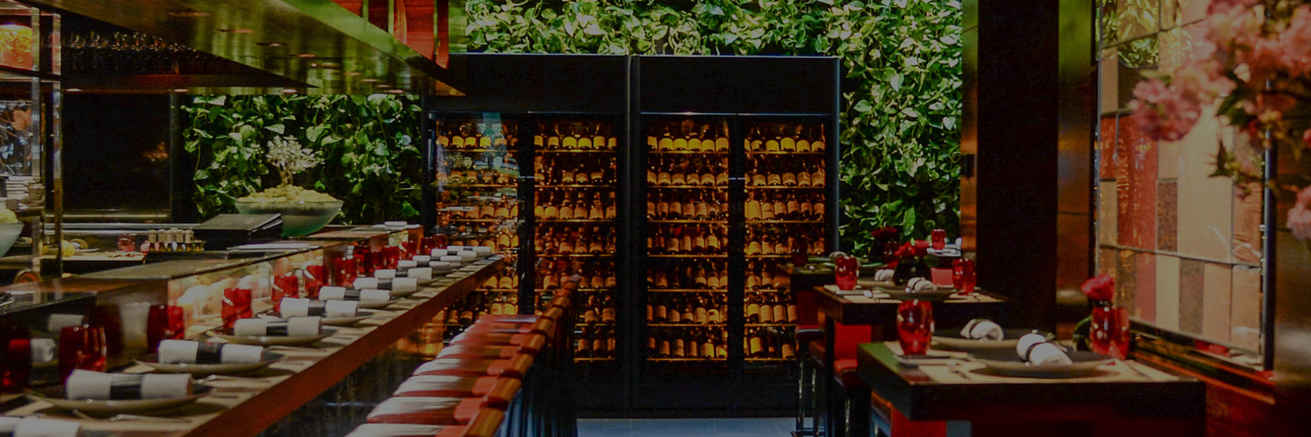 Joel Robuchon Restaurant London equipped with a 2-door EuroCave ShowCave wine display cabinet with amber lighting for serving temperature regulation.