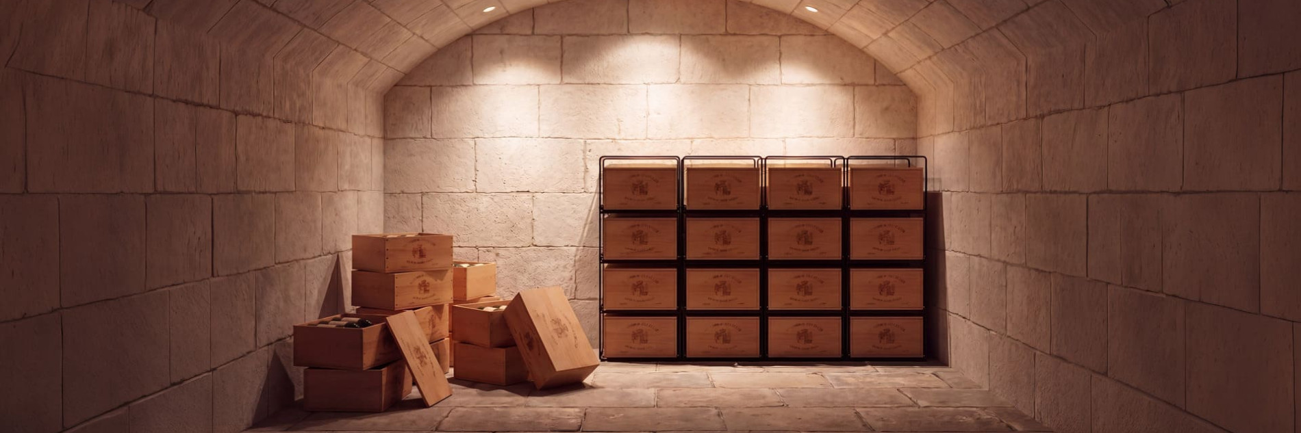 Before and after: a wine cellar fitted out with wooden crates, stacked and then organised using the Modulorack EuroCave storage system.