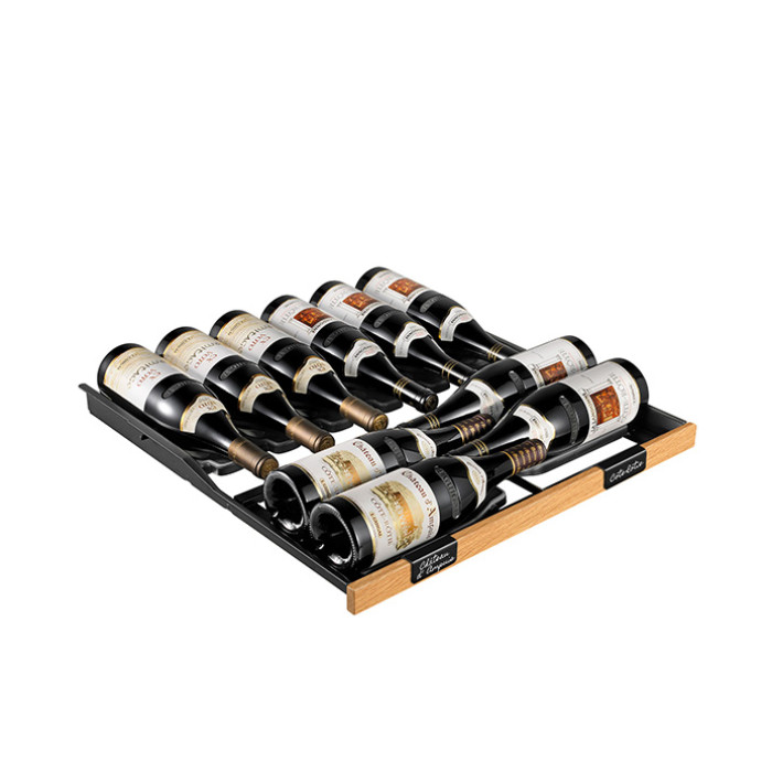 Sliding metal drawer on rail with individual and repositionable bottle holder, choice of front color black or oak wood. Sliding metal drawer on rail with individual and repositionable bottle holder, choice of front color black or oak wood.