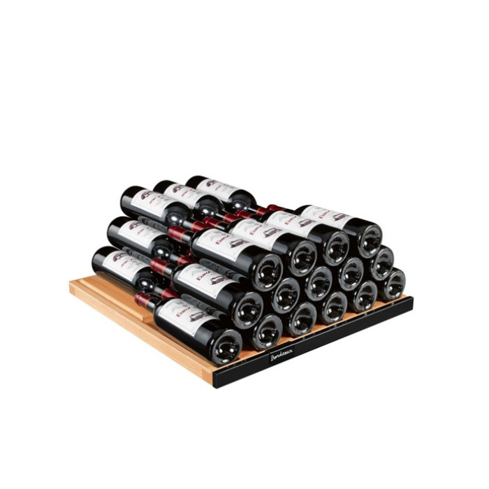 Fixed wooden shelf, solid for storing up to 72 bottles per shelf by stacking them head to tail, choice of front color black or oak wood. Fixed wooden shelf, solid for storing up to 72 bottles per shelf by stacking them head to tail, choice of front color black or oak wood.