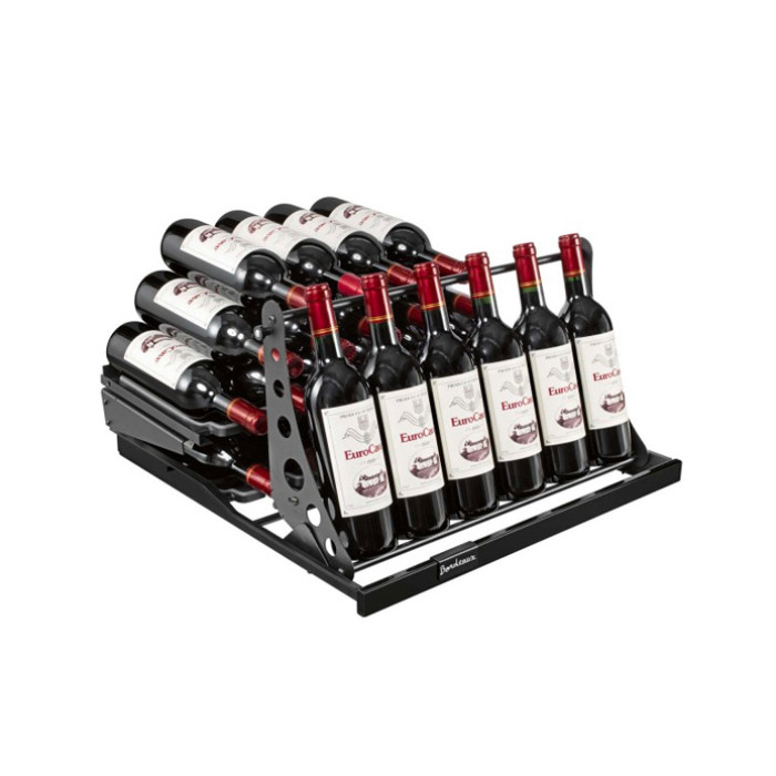 Sliding metal drawer with a standing bottle display rack that tilts to allow access to the rear storage area, choice of black or oak wood front colour. Sliding metal drawer with a standing bottle display rack that tilts to allow access to the rear storage area, choice of black or oak wood front colour.