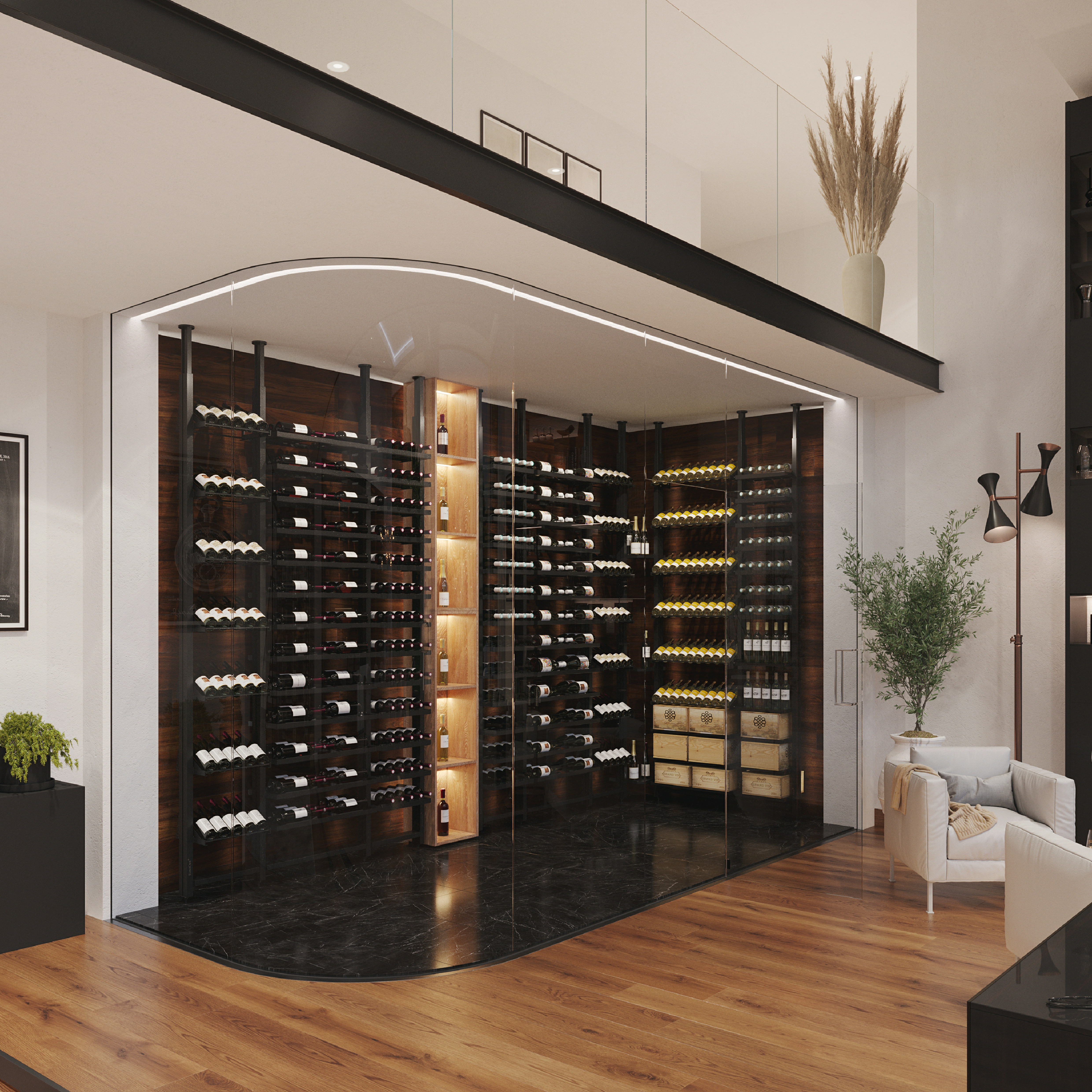 Metal wine storage with hanging bottles. High-end cellar layout. Ceiling or wall mounting. Lighting optional. Several ways to present your wines.